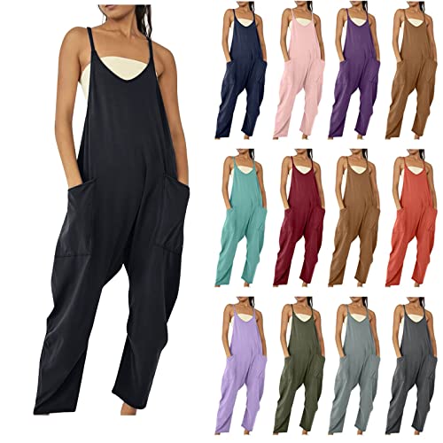 CSWH Damen Latzhose Frauen Sommer Baggy Jumpsuit mit Taschen Mädchen Einfarbig Ärmellos Playsuit Strampler Frau Lässige Romper Overalls Sommerhose Freizeithose Arbeitshose von CSWH