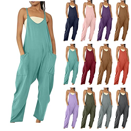 CSWH Damen Latzhose Frauen Sommer Baggy Jumpsuit mit Taschen Mädchen Einfarbig Ärmellos Playsuit Strampler Frau Lässige Romper Overalls Sommerhose Freizeithose Arbeitshose von CSWH