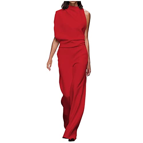 CSWH Jumpsuits Damen Ärmellos Hose Overalls Frauen Straight Playsuit Strampler Mädchen Eleganz Uni Farben Sommerhose Freizeithose Frau y2k Sommer Clothes Pants Trousers (Rot, L) von CSWH