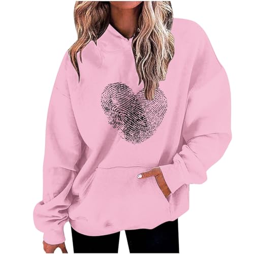 CSWH Kapuzenpullover für Damen Valentinstag Klassische geschnittene Hoodie mit Herzen-Print Frauen Sweatshirt mit Kapuze Damen 2024 Pullover Langarmshirt Sweatjacke von CSWH