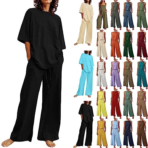 CSWH Sommer Outfits Damen Elegant Zweiteiliges Jumpsuits Frauen Sommer Baggy Playsuit Mädchen Einfarbig Lässige Hosen Romper Overalls Sommerhose Freizeithose Pants Y2K Sommer Clothes von CSWH