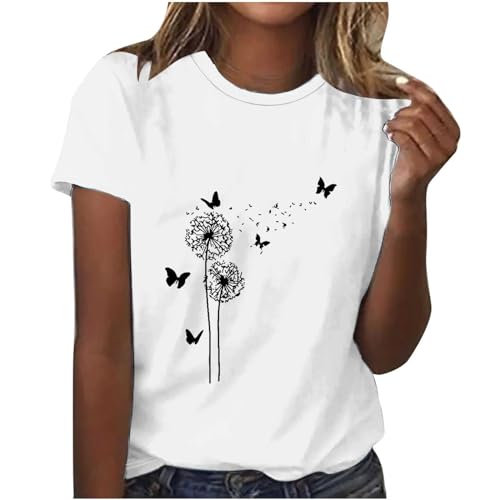 CSWH Today's Deals Page Damen T-Shirt Rundhalsausschnitt Bluse Tops mit Pusteblume Druck Frauen Shirts mit kurzen Ärmeln Casual Oberteile Tshirts 2024 Mädchen Sommer Tunika Tank Tops von CSWH