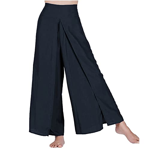 Damen Hose Wide Leg Sommerhose Frauen Solide Freizeithose Yogahose Female Bequem mit Schlitz Leinenhosen Sporthose Jogginghose Frau y2k Clothes Pants Trousers (Dunkelblau, 3XL) von CSWH