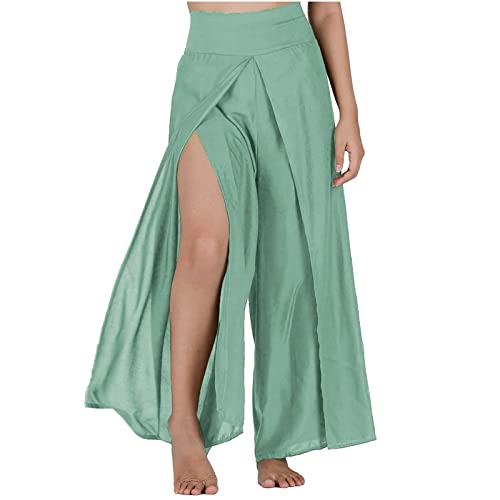 Damen Hose Wide Leg Sommerhose Frauen Solide Freizeithose Yogahose Female Bequem mit Schlitz Leinenhosen Sporthose Jogginghose Frau y2k Clothes Pants Trousers (Grün, 3XL) von CSWH