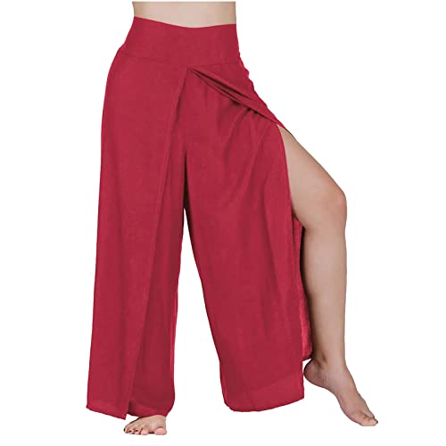 Damen Hose Wide Leg Sommerhose Frauen Solide Freizeithose Yogahose Female Bequem mit Schlitz Leinenhosen Sporthose Jogginghose Frau y2k Clothes Pants Trousers (Rot, 3XL) von CSWH