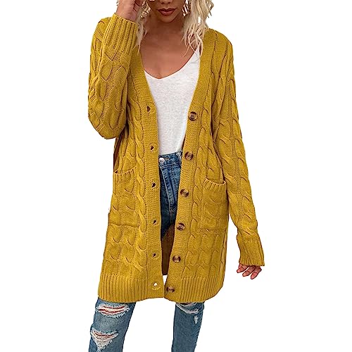 Damen Strickjacke Lang Langärmelig Solid Color Cardigan Damen Casual Button Down Comfort Fit Jacke Frauen Strickmantel Strickcardigan Female ÜBergangsjacke Grobstrickjacke Wintermäntel von CSWH