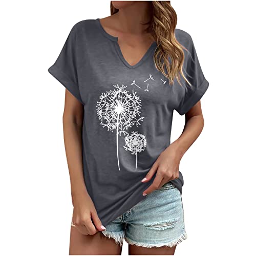 Damen V-Ausschnitt T-Shirt Oberteile mit Löwenzahn Muster Frauen Sommer Bequem-geschnittene Tops Bluse Women Casual Short Sleeve Tunika Tank Tops Y2K Teenager Streetwear von CSWH