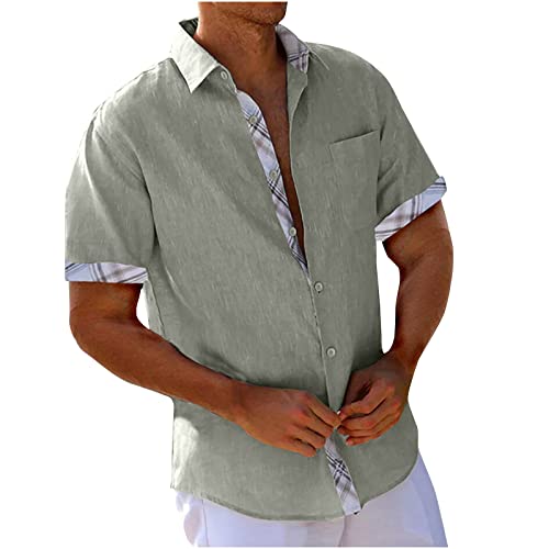 Hemd Herren Kurzarm Patchwork Leinenhemd Herren Hawaii Hemd mit Taschen Männer Casual Baggy Outdoor Sommerhemd Freizeithemd Businesshemd Trachtenhemd Flanellhemd Jeanshemd von CSWH