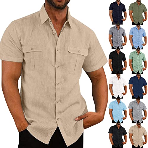 Herren Hemd Kurzarm Einfarbig Freizeithemd Sommerhemd mit Taschen Männer Sommer Slim Fit Outdoor Shirts Leinenhemd Businesshemd Trachtenhemd Jeanshemd Flanellhemd von CSWH