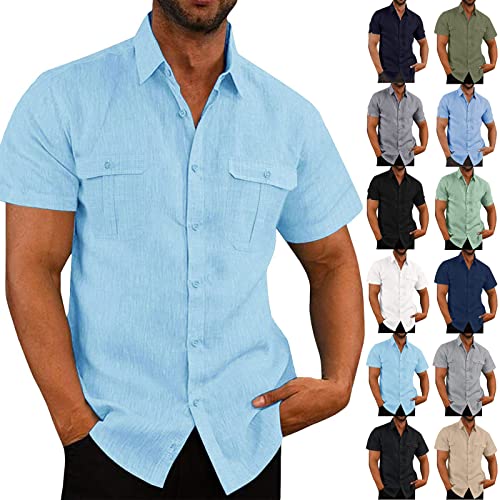 Herren Hemd Kurzarm Einfarbig Freizeithemd Sommerhemd mit Taschen Männer Sommer Slim Fit Outdoor Shirts Leinenhemd Businesshemd Trachtenhemd Jeanshemd Flanellhemd von CSWH