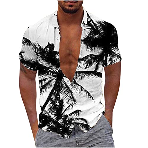 Herren Kurzarm Hawaiihemd mit Kokospalmen Druck Leinenhemd Freizeithemd Männer Sommer Reguläre Passung Hemd mit Knöpfen Jungen T Shirts Tops Oberteile Streetwear von CSWH