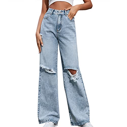 Jeans Damen Ripped Sommerhose Freizeithose Mädchen Weite Bein Jeanshose Ladies Plain Casual Hosen Outdoorhose Frau y2k Pants Trousers Clothes Bekleidung für Sommer (Blau,XS) von CSWH