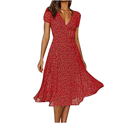 Sommerkleider Damen Kurzarm Lässig Midikleid V-Ausschnitt Blumendruck A-Linie Kleid Partykleid Leichtgewichtig Freizeitkleid Strandkleider für Sommer Party Abschlussball von CSWH