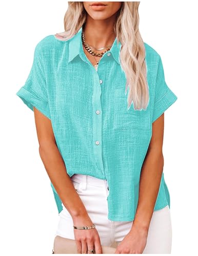 Bluse Damen Sommer Kurzarm Blusenshirt Baumwolle Leinen Tshirt Hemdbluse Musselin Bluse Hemd Tunika mit Tasche Basic Tops Oberteile Blusen V Ausschnitt T Shirts Trachtenbluse Leinenbluse Leinenhemd von CSYX