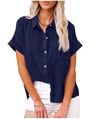 Bluse Damen Sommer Kurzarm Blusenshirt Baumwolle Leinen Tshirt Hemdbluse Musselin Bluse Hemd Tunika mit Tasche Basic Tops Oberteile Blusen V Ausschnitt T Shirts Trachtenbluse Leinenbluse Leinenhemd von CSYX