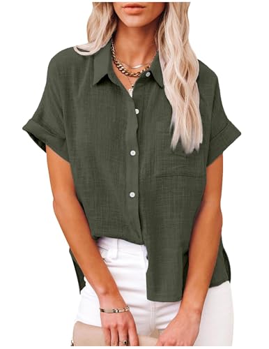 Bluse Damen Sommer Kurzarm Blusenshirt Baumwolle Leinen Tshirt Hemdbluse Musselin Bluse Hemd Tunika mit Tasche Basic Tops Oberteile Blusen V Ausschnitt T Shirts Trachtenbluse Leinenbluse Leinenhemd von CSYX