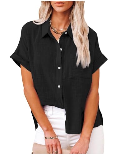 Bluse Damen Sommer Kurzarm Blusenshirt Baumwolle Leinen Tshirt Hemdbluse Musselin Bluse Hemd Tunika mit Tasche Basic Tops Oberteile Blusen V Ausschnitt T Shirts Trachtenbluse Leinenbluse Leinenhemd von CSYX