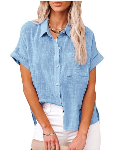 Bluse Damen Sommer Kurzarm Blusenshirt Baumwolle Leinen Tshirt Hemdbluse Musselin Bluse Hemd Tunika mit Tasche Basic Tops Oberteile Blusen V Ausschnitt T Shirts Trachtenbluse Leinenbluse Leinenhemd von CSYX