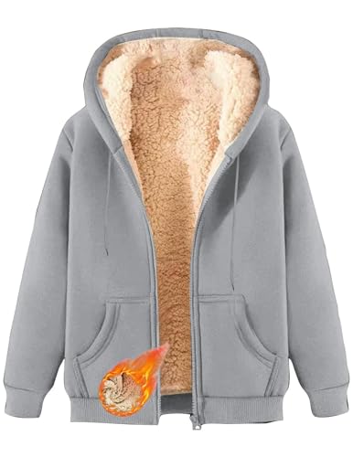 CSYX Damen Sweatjacke Gefüttert Winterjacke Warme Zipper Hoodie Fleecejacke mit Kapuze Sherpa Teddy Jacke Plüschjacke Kapuzenjacke Übergangsjacke Große Größen mit Taschen Flauschig Sweatshirt Jacken von CSYX