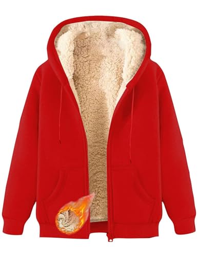 CSYX Damen Sweatjacke Gefüttert Winterjacke Warme Zipper Hoodie Fleecejacke mit Kapuze Sherpa Teddy Jacke Plüschjacke Kapuzenjacke Übergangsjacke Große Größen mit Taschen Flauschig Sweatshirt Jacken von CSYX