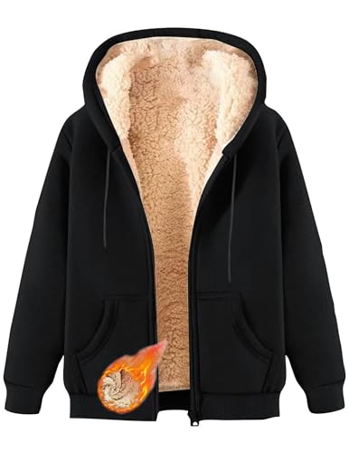 CSYX Damen Sweatjacke Gefüttert Winterjacke Warme Zipper Hoodie Fleecejacke mit Kapuze Sherpa Teddy Jacke Plüschjacke Kapuzenjacke Übergangsjacke Große Größen mit Taschen Flauschig Sweatshirt Jacken von CSYX