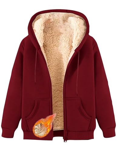 CSYX Damen Sweatjacke Gefüttert Winterjacke Warme Zipper Hoodie Fleecejacke mit Kapuze Sherpa Teddy Jacke Plüschjacke Kapuzenjacke Übergangsjacke Große Größen mit Taschen Flauschig Sweatshirt Jacken von CSYX