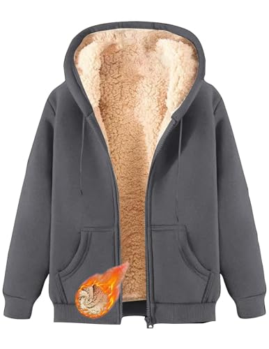 CSYX Damen Sweatjacke Gefüttert Winterjacke Warme Zipper Hoodie Fleecejacke mit Kapuze Sherpa Teddy Jacke Plüschjacke Kapuzenjacke Übergangsjacke Große Größen mit Taschen Flauschig Sweatshirt Jacken von CSYX