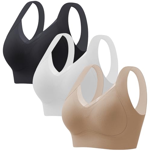 CSYX Klassische BHS Damen Ohne Bügel Komfort Nahtlos BH Set 3er Pack Push Up Sport BH mit Verstellbarem Bustier Starker Halt Trainings Schlaf BHS Große Brüste Unterwäsche Gepolstert für Alltag Yoga von CSYX
