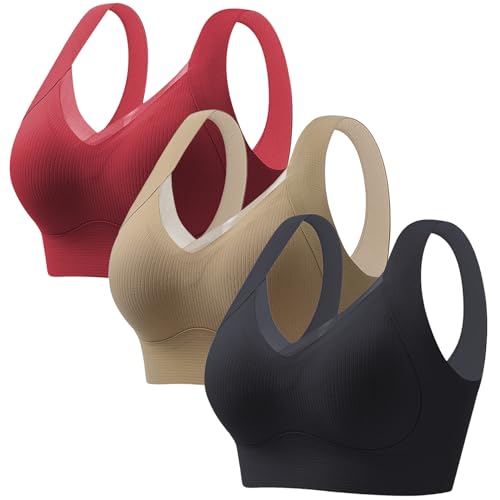 CSYX Klassische BHS Damen Ohne Bügel Komfort Nahtlos BH Set 3er Pack Push Up Sport BH mit Verstellbarem Bustier Starker Halt Trainings Schlaf BHS Große Brüste Unterwäsche Gepolstert für Alltag Yoga von CSYX