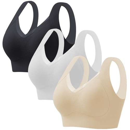 CSYX Klassische BHS Damen Ohne Bügel Komfort Nahtlos BH Set 3er Pack Push Up Sport BH mit Verstellbarem Bustier Starker Halt Trainings Schlaf BHS Große Brüste Unterwäsche Gepolstert für Alltag Yoga von CSYX