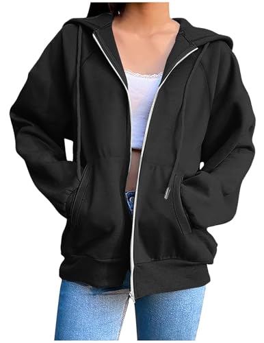 CSYX Sweatjacke Damen mit Kapuze Zipper Hoodie Jacke Leicht Übergangsjacke Elegant Einfarbig Dünne Kapuzenjacke mit Taschen Sweatshirt Locker College Jacke Baumwoll Sportjacke Trainingsjacke Pullover von CSYX
