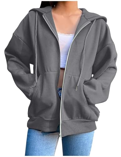 CSYX Sweatjacke Damen mit Kapuze Zipper Hoodie Jacke Leicht Übergangsjacke Elegant Einfarbig Dünne Kapuzenjacke mit Taschen Sweatshirt Locker College Jacke Baumwoll Sportjacke Trainingsjacke Pullover von CSYX