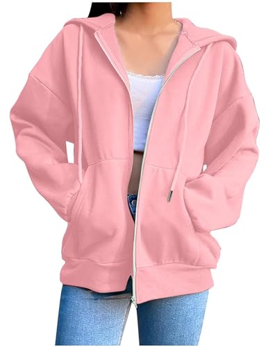 CSYX Sweatjacke Damen mit Kapuze Zipper Hoodie Jacke Leicht Übergangsjacke Elegant Einfarbig Dünne Kapuzenjacke mit Taschen Sweatshirt Locker College Jacke Baumwoll Sportjacke Trainingsjacke Pullover von CSYX