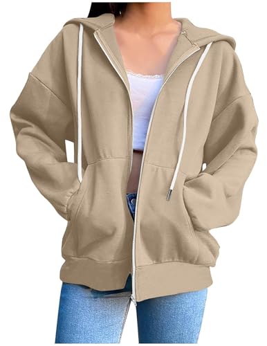 CSYX Sweatjacke Damen mit Kapuze Zipper Hoodie Jacke Leicht Übergangsjacke Elegant Einfarbig Dünne Kapuzenjacke mit Taschen Sweatshirt Locker College Jacke Baumwoll Sportjacke Trainingsjacke Pullover von CSYX