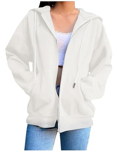CSYX Sweatjacke Damen mit Kapuze Zipper Hoodie Jacke Leicht Übergangsjacke Elegant Einfarbig Dünne Kapuzenjacke mit Taschen Sweatshirt Locker College Jacke Baumwoll Sportjacke Trainingsjacke Pullover von CSYX