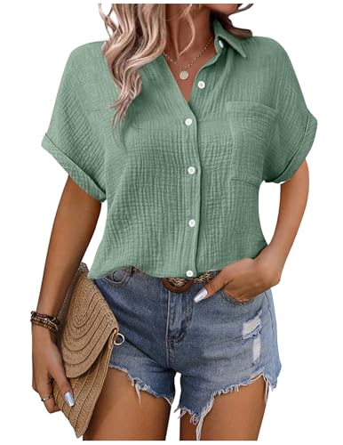 Musselin Bluse Damen Shirts Hemdbluse Elegant Sommer Kurzarm Blusenshirt Baumwolle Leinen Tshirt Hemd Tunika mit Tasche Basic Tops Oberteile Blusen V Ausschnitt Trachtenbluse Leinenbluse Leinenhemd von CSYX