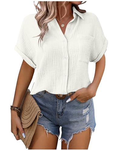 Musselin Bluse Damen Shirts Hemdbluse Elegant Sommer Kurzarm Blusenshirt Baumwolle Leinen Tshirt Hemd Tunika mit Tasche Basic Tops Oberteile Blusen V Ausschnitt Trachtenbluse Leinenbluse Leinenhemd von CSYX