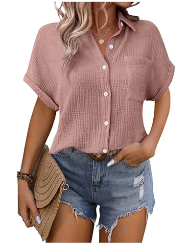 Musselin Bluse Damen Shirts Hemdbluse Elegant Sommer Kurzarm Blusenshirt Baumwolle Leinen Tshirt Hemd Tunika mit Tasche Basic Tops Oberteile Blusen V Ausschnitt Trachtenbluse Leinenbluse Leinenhemd von CSYX