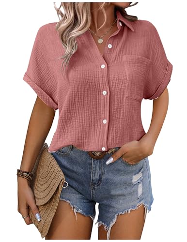 Musselin Bluse Damen Shirts Hemdbluse Elegant Sommer Kurzarm Blusenshirt Baumwolle Leinen Tshirt Hemd Tunika mit Tasche Basic Tops Oberteile Blusen V Ausschnitt Trachtenbluse Leinenbluse Leinenhemd von CSYX