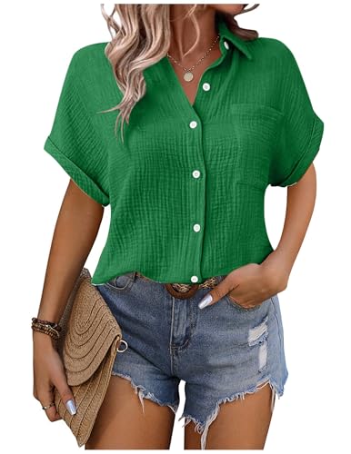 Musselin Bluse Damen Shirts Hemdbluse Elegant Sommer Kurzarm Blusenshirt Baumwolle Leinen Tshirt Hemd Tunika mit Tasche Basic Tops Oberteile Blusen V Ausschnitt Trachtenbluse Leinenbluse Leinenhemd von CSYX