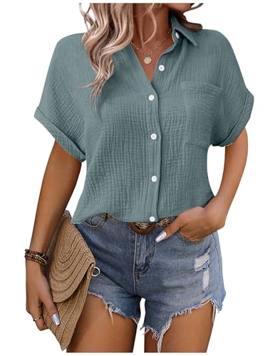 Musselin Bluse Damen Shirts Hemdbluse Elegant Sommer Kurzarm Blusenshirt Baumwolle Leinen Tshirt Hemd Tunika mit Tasche Basic Tops Oberteile Blusen V Ausschnitt Trachtenbluse Leinenbluse Leinenhemd von CSYX