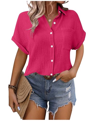 Musselin Bluse Damen Shirts Hemdbluse Elegant Sommer Kurzarm Blusenshirt Baumwolle Leinen Tshirt Hemd Tunika mit Tasche Basic Tops Oberteile Blusen V Ausschnitt Trachtenbluse Leinenbluse Leinenhemd von CSYX