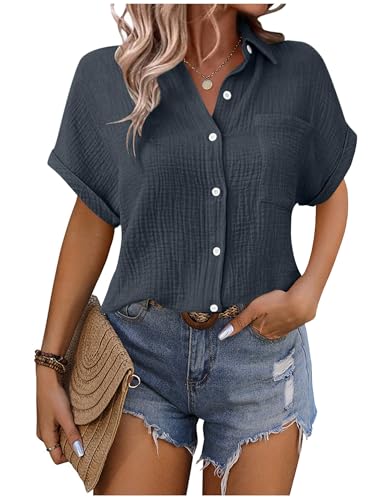 Musselin Bluse Damen Shirts Hemdbluse Elegant Sommer Kurzarm Blusenshirt Baumwolle Leinen Tshirt Hemd Tunika mit Tasche Basic Tops Oberteile Blusen V Ausschnitt Trachtenbluse Leinenbluse Leinenhemd von CSYX