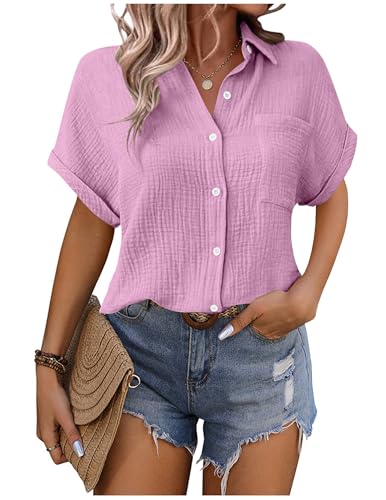 Musselin Bluse Damen Shirts Hemdbluse Elegant Sommer Kurzarm Blusenshirt Baumwolle Leinen Tshirt Hemd Tunika mit Tasche Basic Tops Oberteile Blusen V Ausschnitt Trachtenbluse Leinenbluse Leinenhemd von CSYX