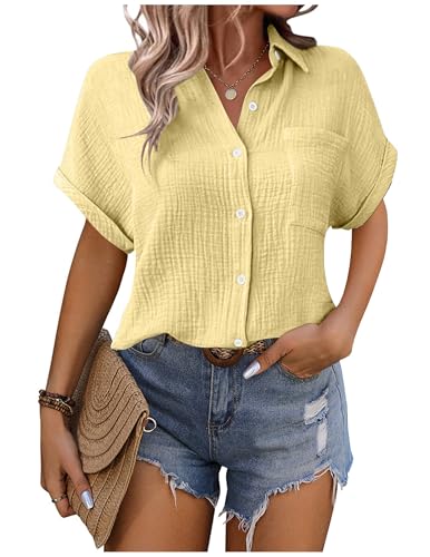 Musselin Bluse Damen Shirts Hemdbluse Elegant Sommer Kurzarm Blusenshirt Baumwolle Leinen Tshirt Hemd Tunika mit Tasche Basic Tops Oberteile Blusen V Ausschnitt Trachtenbluse Leinenbluse Leinenhemd von CSYX