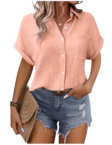 Musselin Bluse Damen Shirts Hemdbluse Elegant Sommer Kurzarm Blusenshirt Baumwolle Leinen Tshirt Hemd Tunika mit Tasche Basic Tops Oberteile Blusen V Ausschnitt Trachtenbluse Leinenbluse Leinenhemd von CSYX