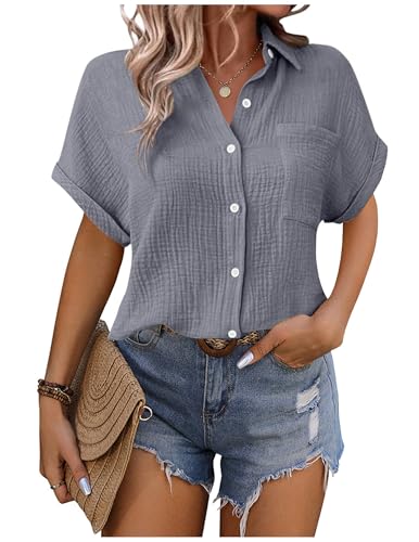 Musselin Bluse Damen Shirts Hemdbluse Elegant Sommer Kurzarm Blusenshirt Baumwolle Leinen Tshirt Hemd Tunika mit Tasche Basic Tops Oberteile Blusen V Ausschnitt Trachtenbluse Leinenbluse Leinenhemd von CSYX