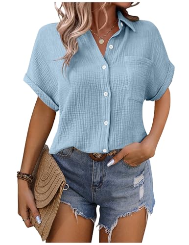 Musselin Bluse Damen Shirts Hemdbluse Elegant Sommer Kurzarm Blusenshirt Baumwolle Leinen Tshirt Hemd Tunika mit Tasche Basic Tops Oberteile Blusen V Ausschnitt Trachtenbluse Leinenbluse Leinenhemd von CSYX