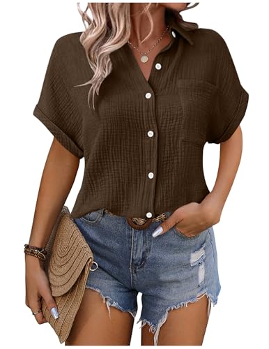 Musselin Bluse Damen Shirts Hemdbluse Elegant Sommer Kurzarm Blusenshirt Baumwolle Leinen Tshirt Hemd Tunika mit Tasche Basic Tops Oberteile Blusen V Ausschnitt Trachtenbluse Leinenbluse Leinenhemd Musselin Bluse Damen Shirts Hemdbluse Elegant Sommer Kurzarm Blusenshirt Baumwolle Leinen Tshirt Hemd Tunika mit Tasche Basic Tops Oberteile Blusen V Ausschnitt Trachtenbluse Leinenbluse Leinenhemd von CSYX