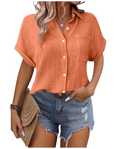 Musselin Bluse Damen Shirts Hemdbluse Elegant Sommer Kurzarm Blusenshirt Baumwolle Leinen Tshirt Hemd Tunika mit Tasche Basic Tops Oberteile Blusen V Ausschnitt Trachtenbluse Leinenbluse Leinenhemd von CSYX